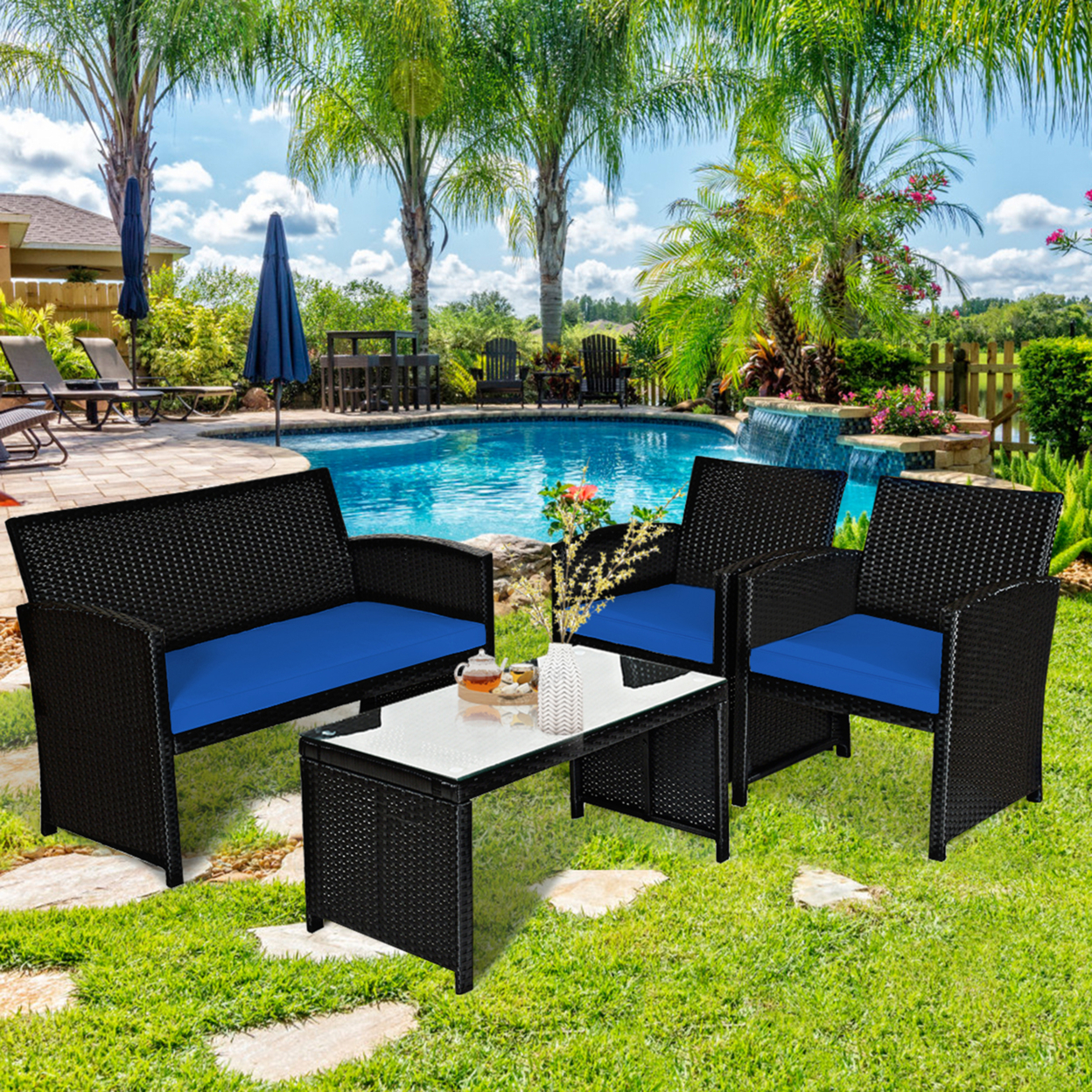 8PCS Rattan Outdoor Conversation Set Patio Furniture Set W/ Navy Cushions
