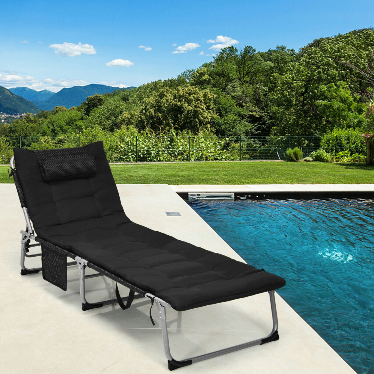 4-Fold Oversize Padded Folding Chaise Lounge Chair Reclining Chair - Black
