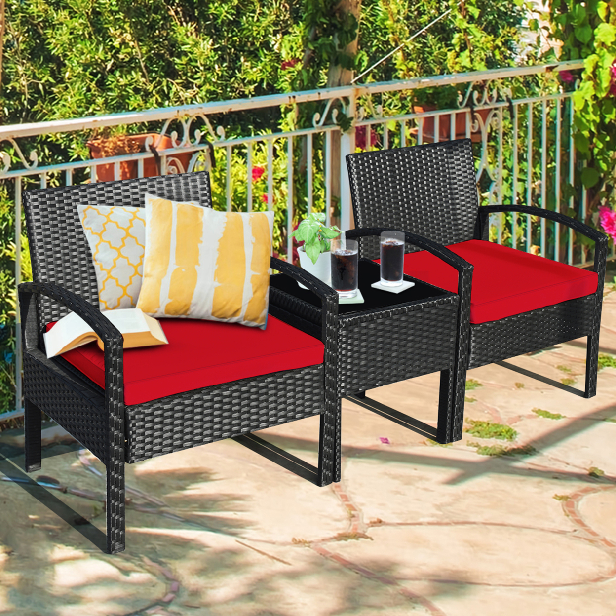 3PCS Patio Rattan Conversation Furniture Set Outdoor Yard W/ Red Cushions