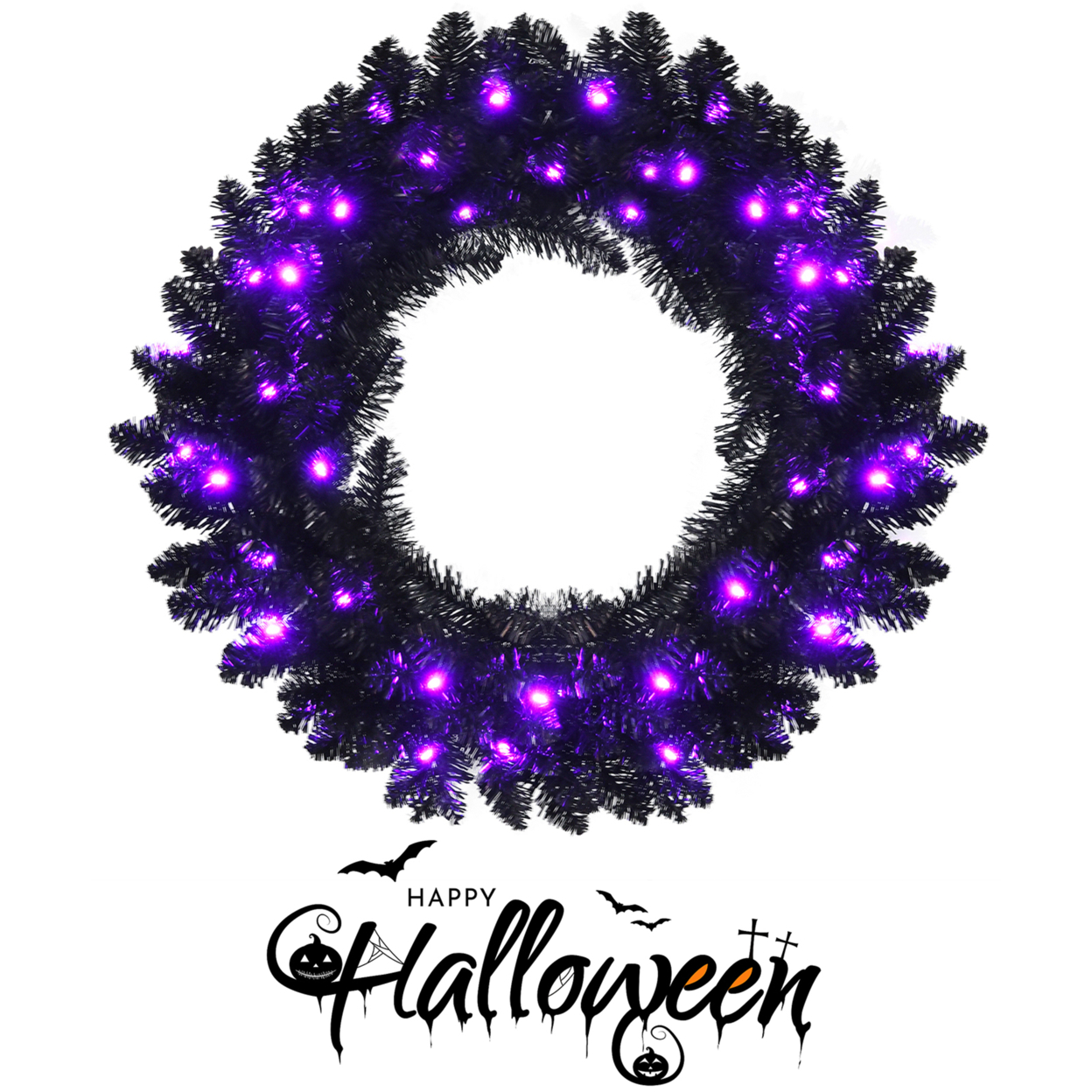 24'' Pre-lit Black Halloween Wreath Christmas Wreath W/ Purple LED Lights