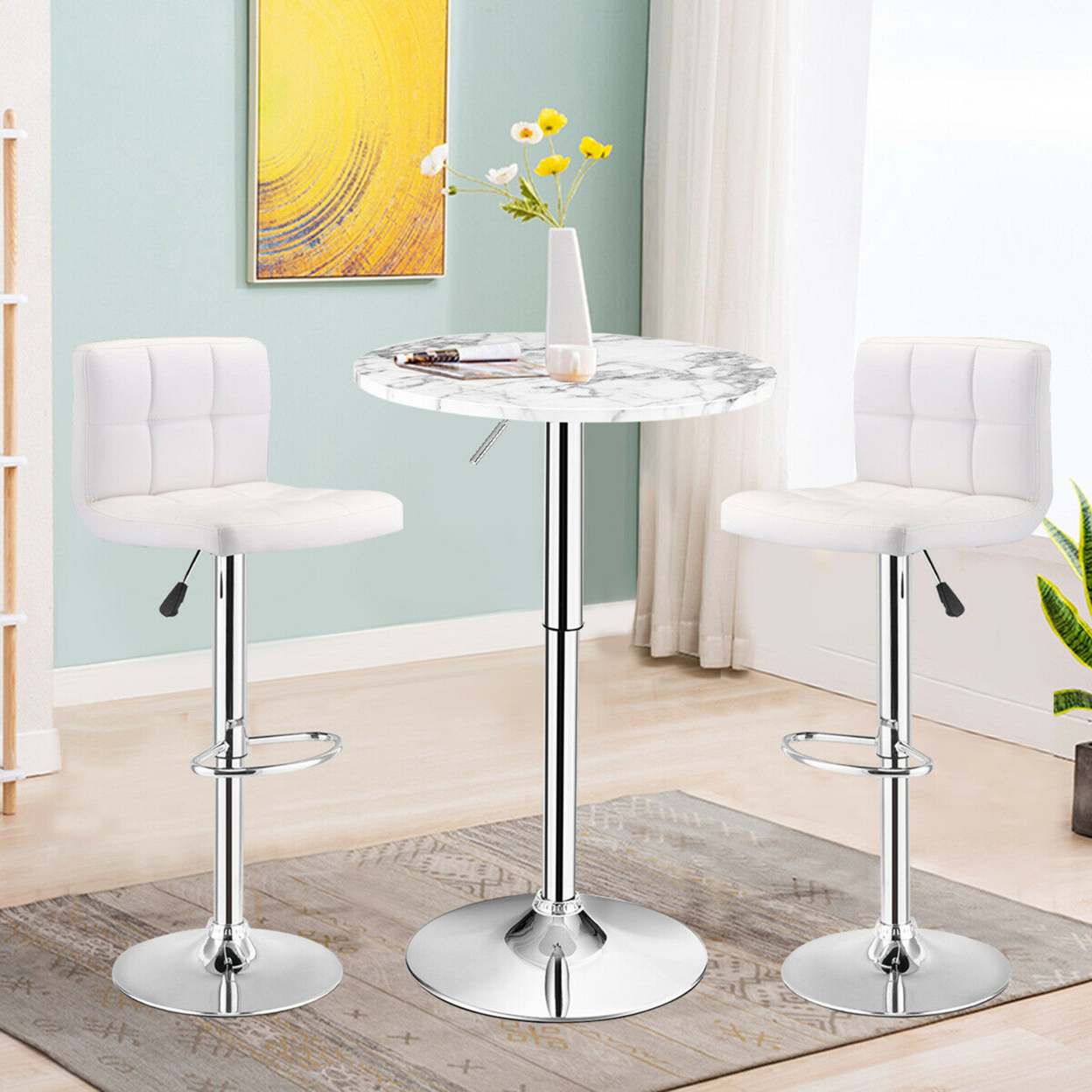 4PCS Round Pub Table Swivel Adjustable Bar Table W/Faux Marble Top White
