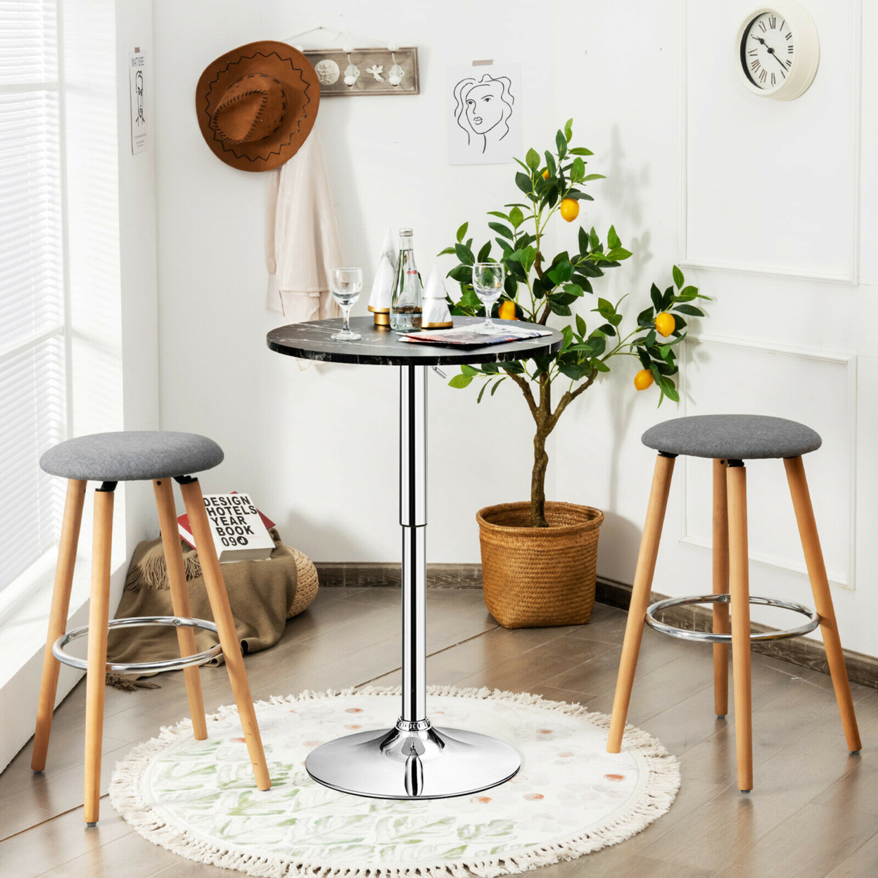 Round Pub Table Swivel Adjustable Bar Table W/ Faux Marble Top Black