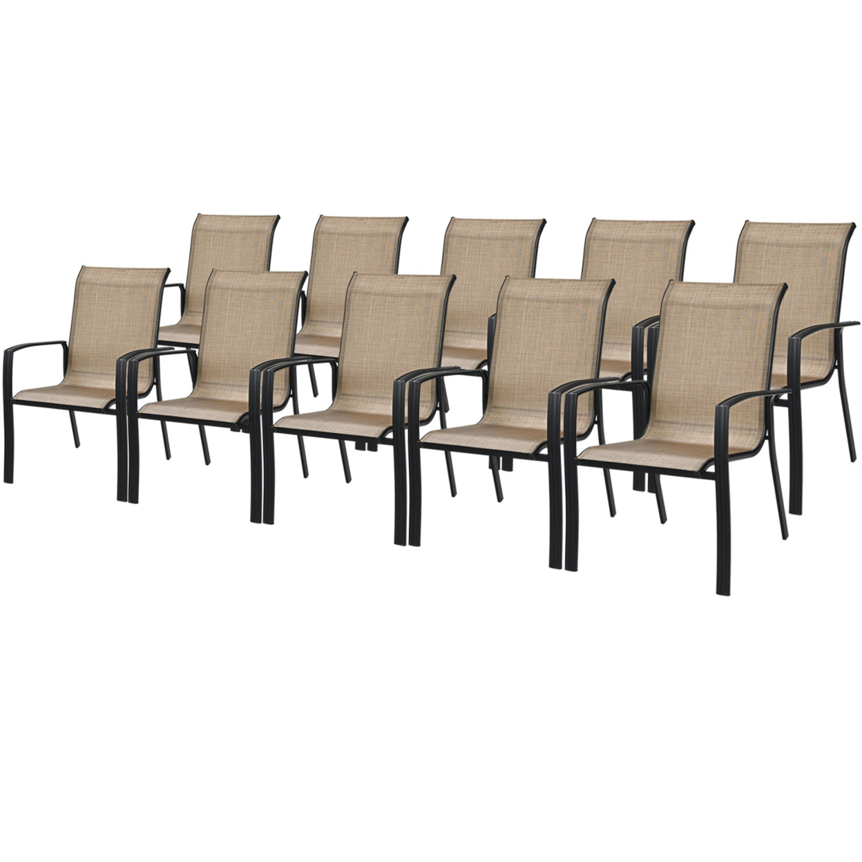 Outdoor Stackable Dining Chair Patio Armchair W/ Breathable Fabric - Brown, 10 Pcs
