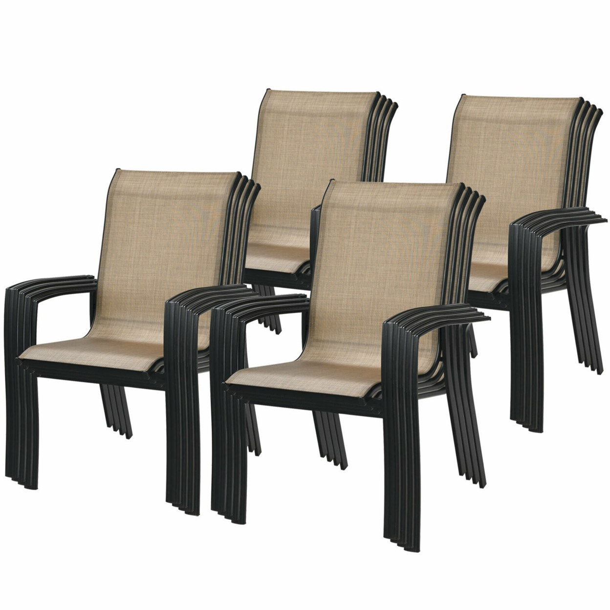 Outdoor Stackable Dining Chair Patio Armchair W/ Breathable Fabric - Brown, 16 Pcs