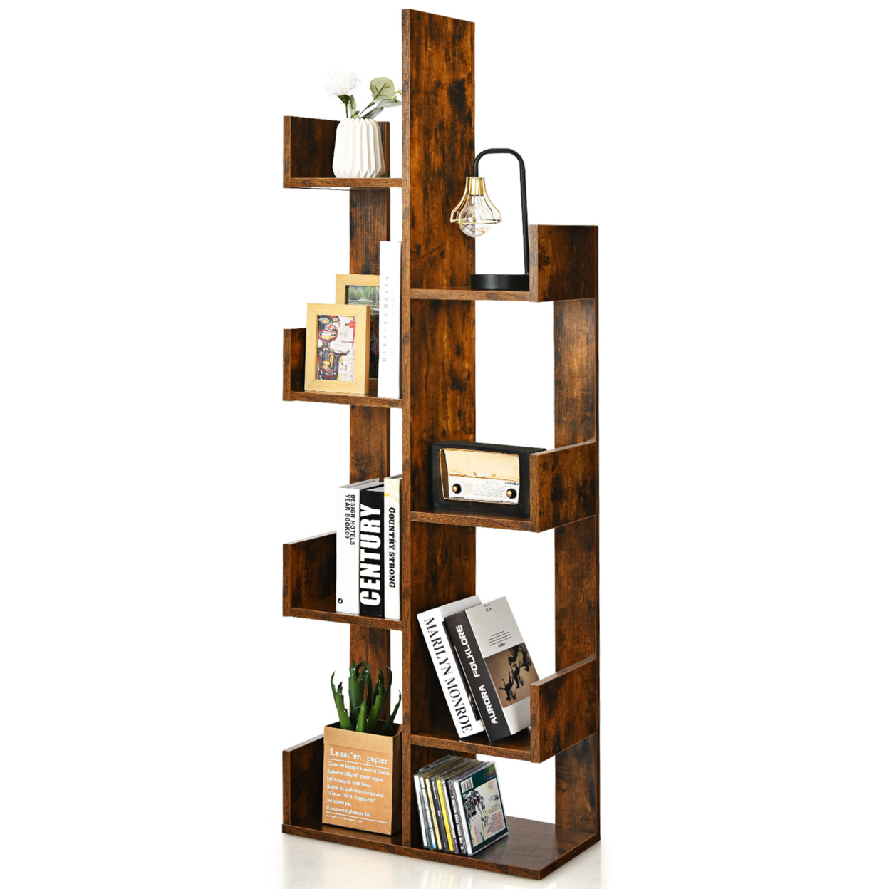 8-Shelf Bookcase Modern Tree Bookshelf Storage Decor Freestanding - Coffee