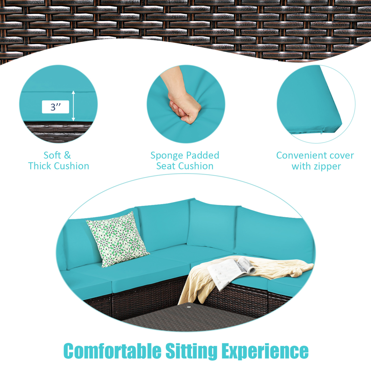 6PCS Rattan Patio Sectional Sofa Conversation Set Outdoor W/ Turquoise Cushions