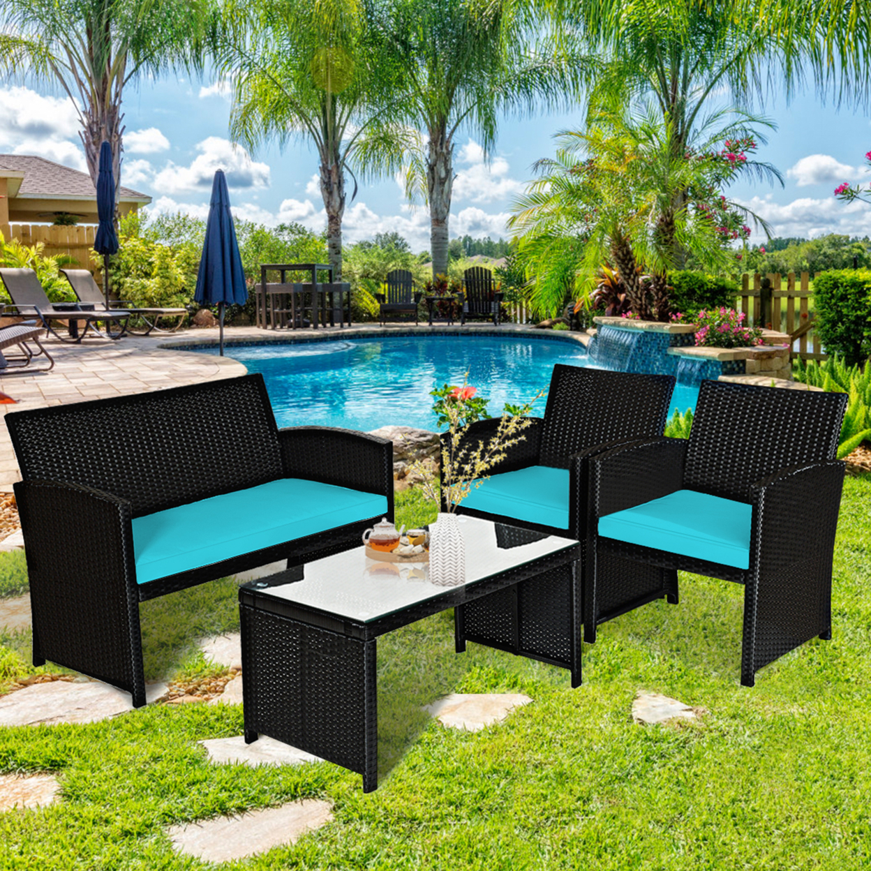 4PCS Rattan Outdoor Conversation Set Patio Furniture Set W/ Turquoise Cushions