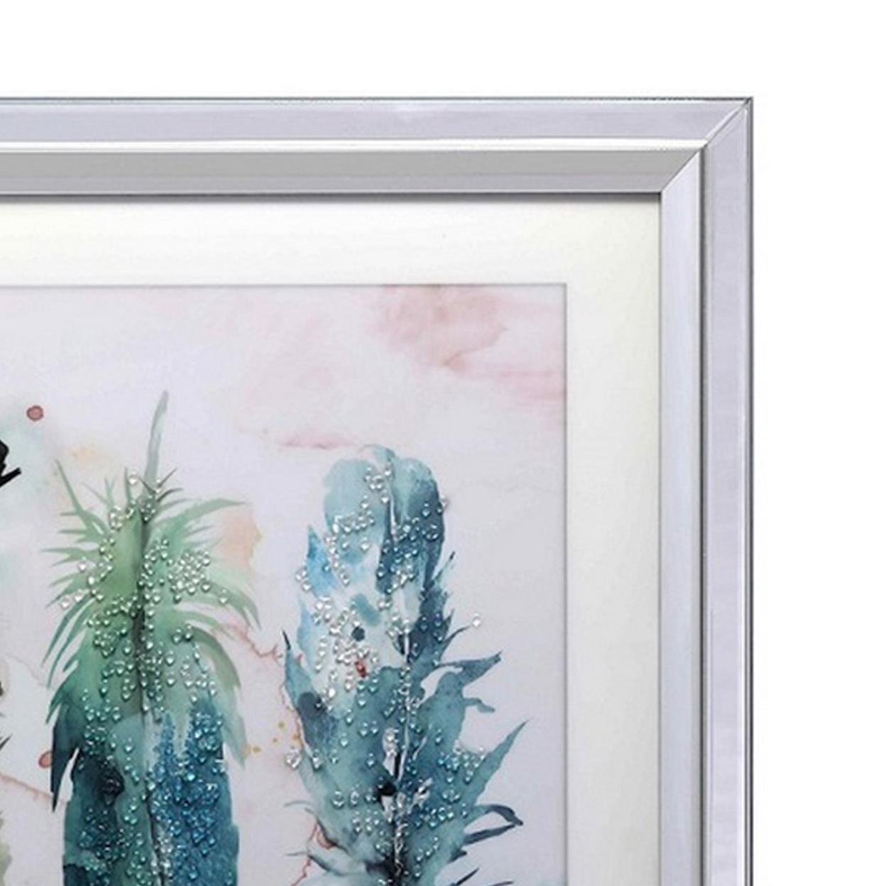 Wall Art With Painted Feathers And Acrylic Mirror Frame, Silver And Gray- Saltoro Sherpi