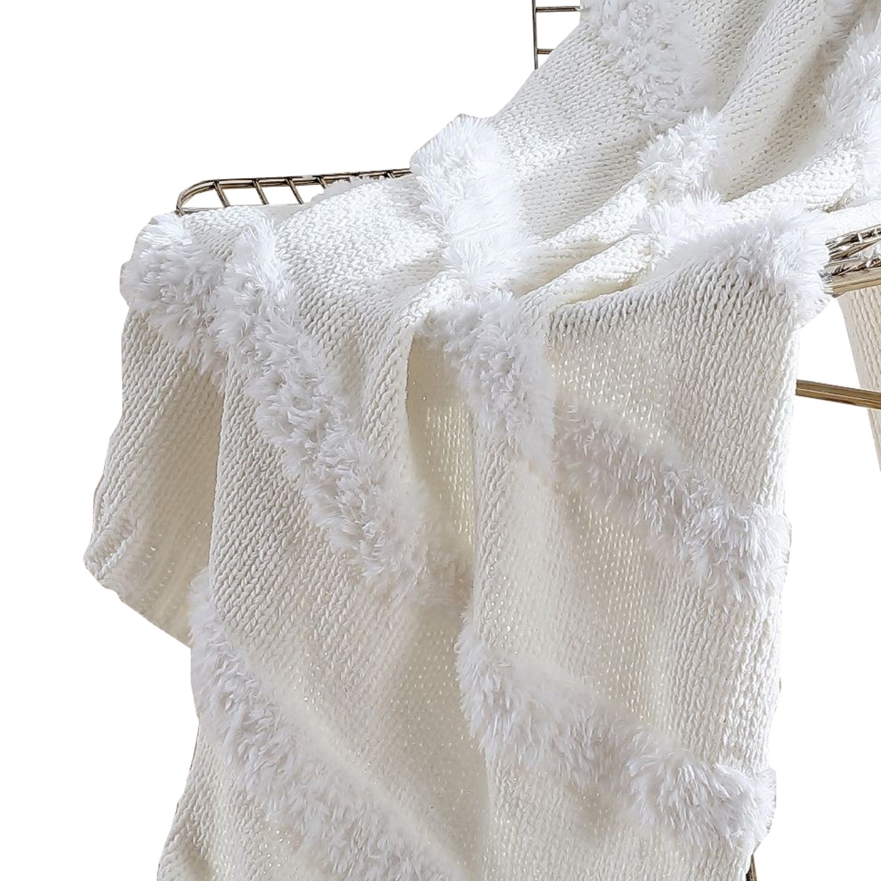 Veria Throw Blanket With Acrylic Faux Fur Embellishment The Urban Port, White- Saltoro Sherpi