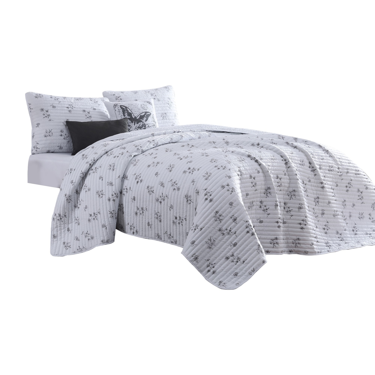 Veria 5 Piece Queen Quilt Set With Floral Print The Urban Port, White And Gray- Saltoro Sherpi