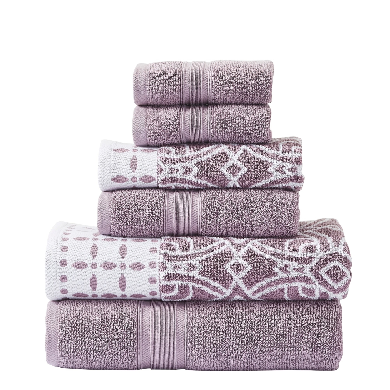 Veria 6 Piece Towel Set With Floral And Geometric Motif Pattern The Urban Port,Purple- Saltoro Sherpi