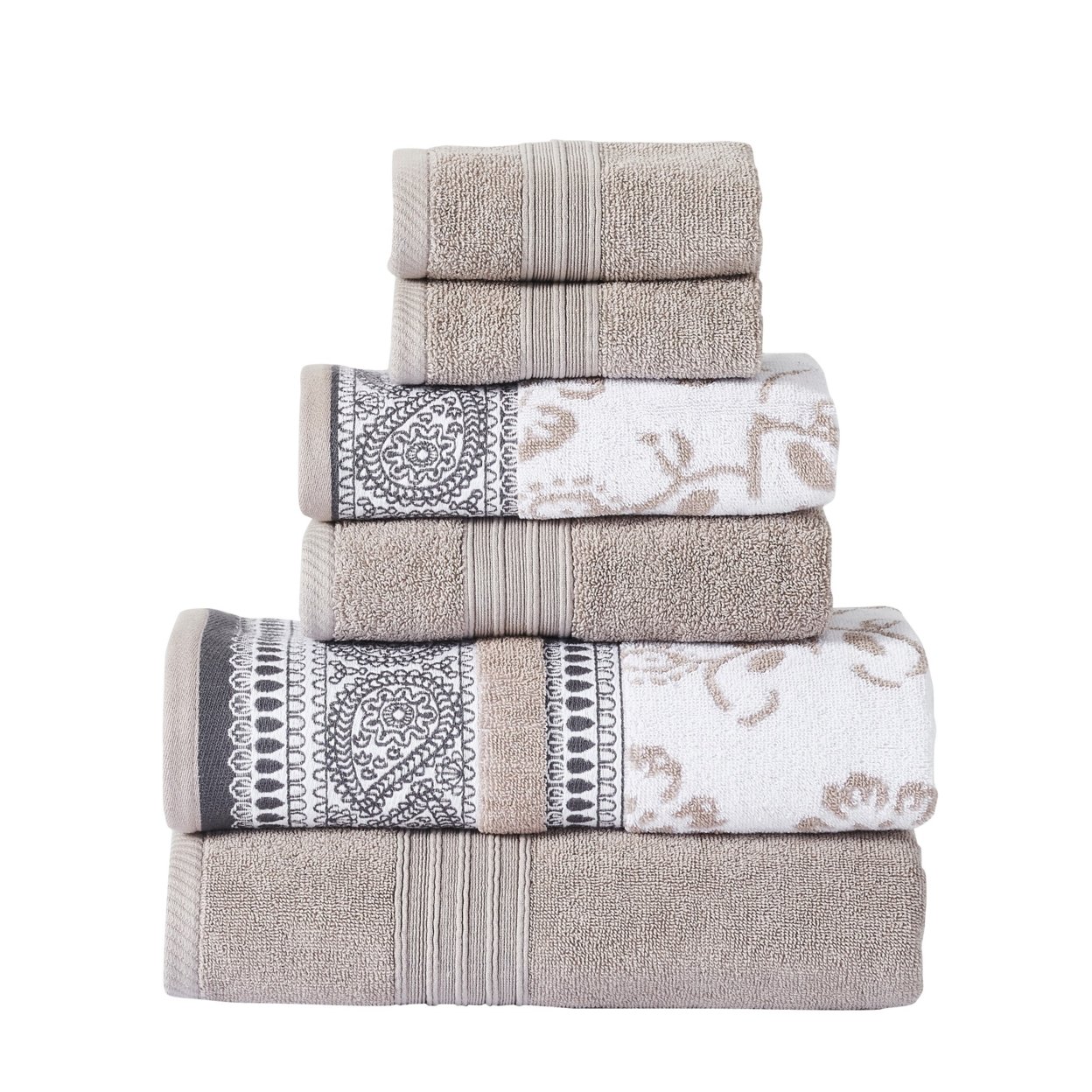 Veria 6 Piece Towel Set With Paisley And Floral Motif Pattern The Urban Port, Beige- Saltoro Sherpi