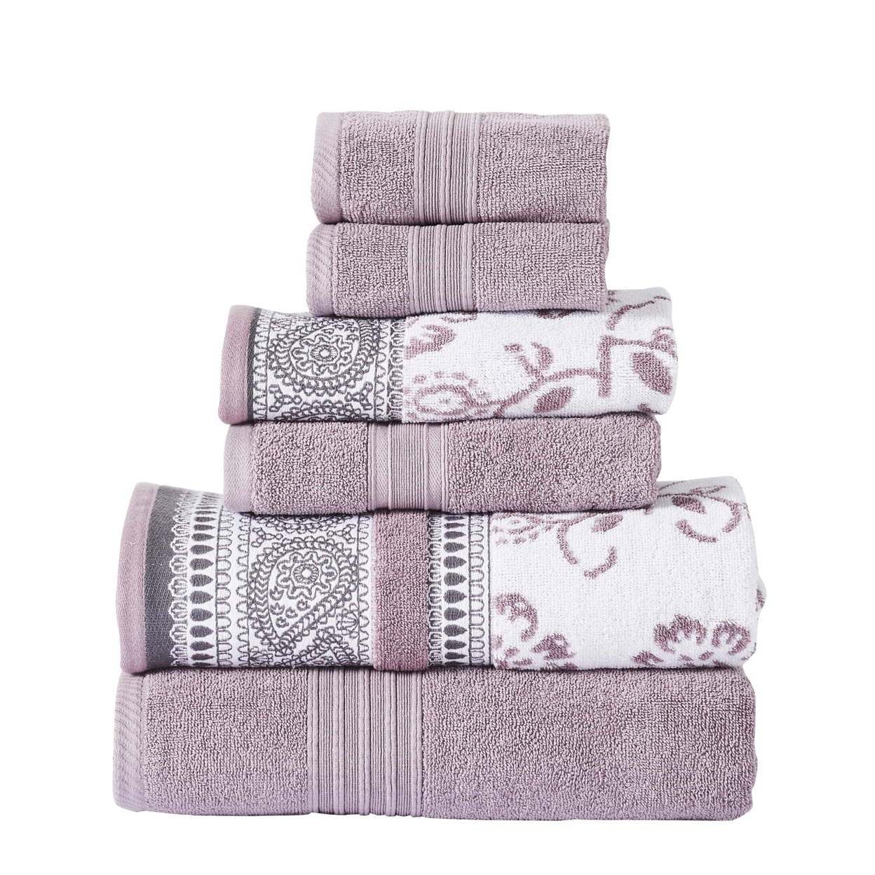 Veria 6 Piece Towel Set With Paisley And Floral Motif Pattern The Urban Port, Purple- Saltoro Sherpi