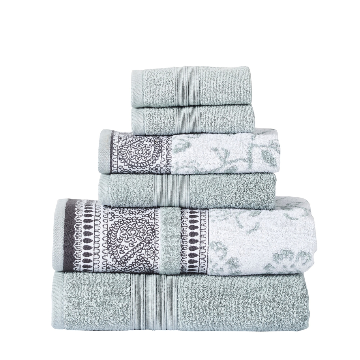 Veria 6 Piece Towel Set With Paisley And Floral Pattern The Urban Port, Sage Blue- Saltoro Sherpi