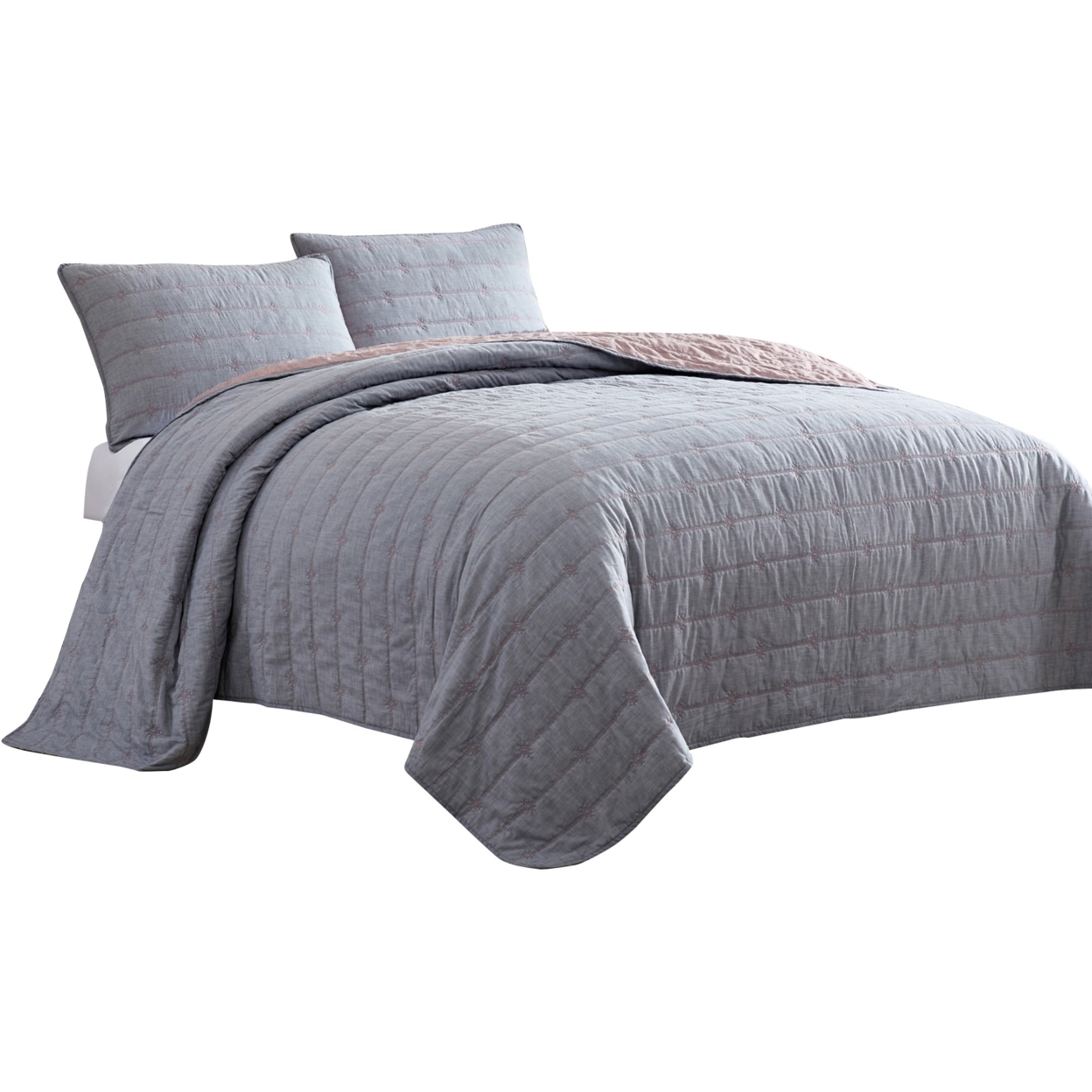 Veria 3 Piece King Quilt Set With Channel Stitching The Urban Port, Gray And Pink- Saltoro Sherpi