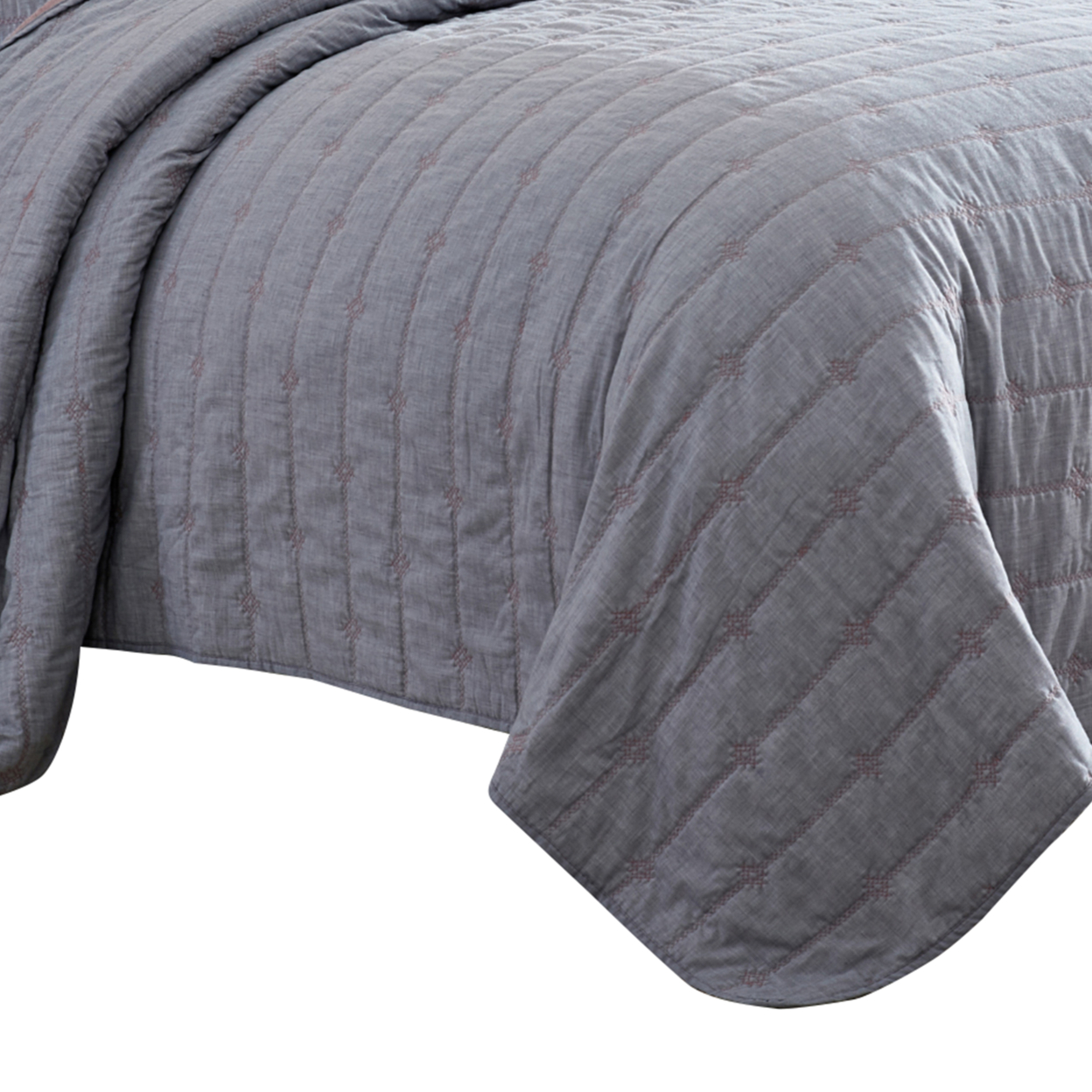 Veria 3 Piece King Quilt Set With Channel Stitching The Urban Port, Gray And Pink- Saltoro Sherpi