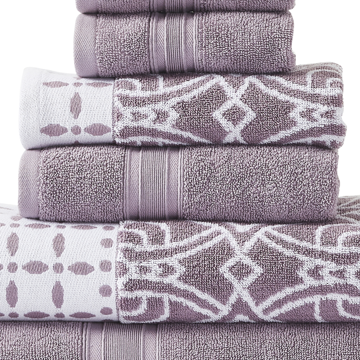 Veria 6 Piece Towel Set With Floral And Geometric Motif Pattern The Urban Port,Purple- Saltoro Sherpi