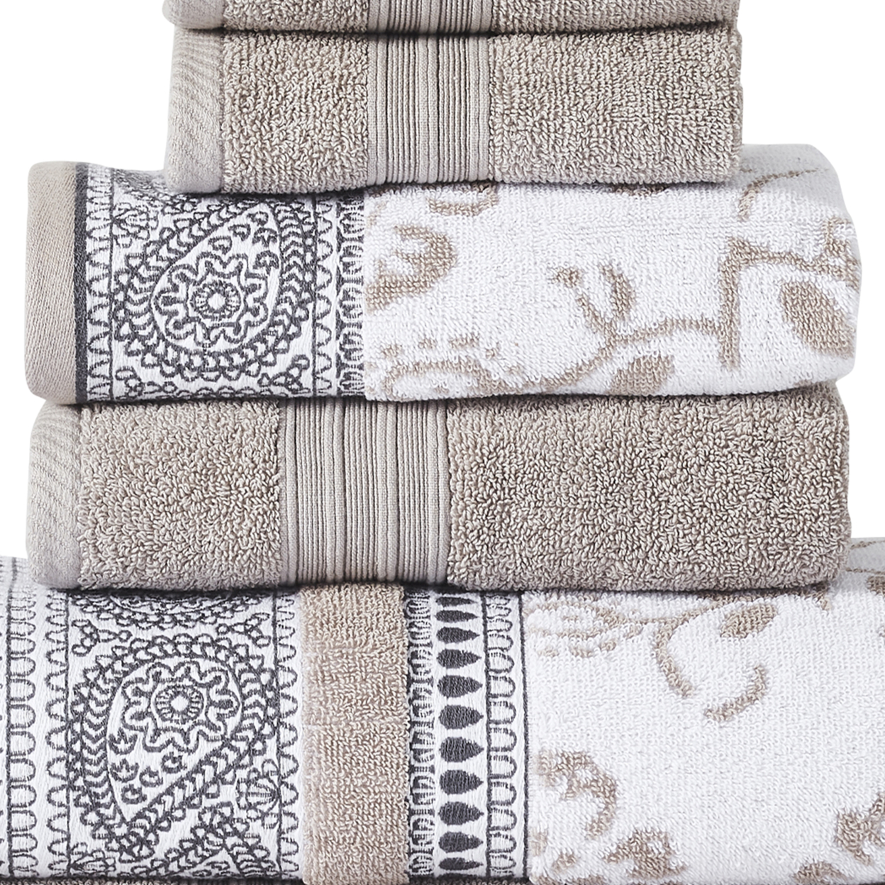Veria 6 Piece Towel Set With Paisley And Floral Motif Pattern The Urban Port, Beige- Saltoro Sherpi