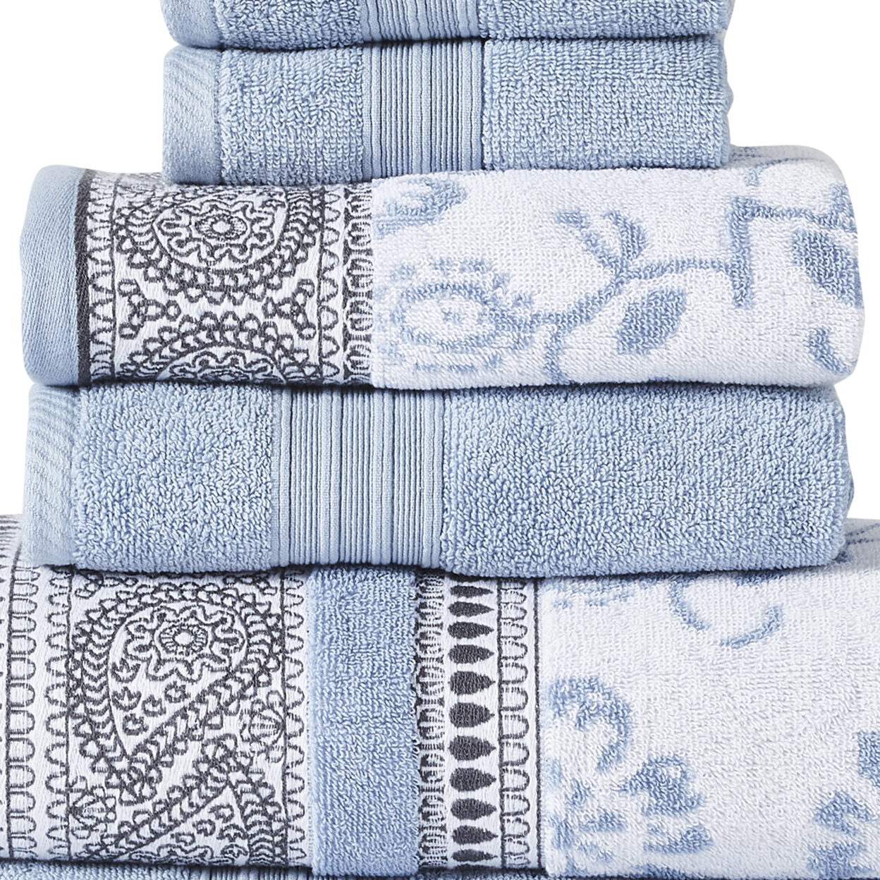 Veria 6 Piece Towel Set With Paisley And Floral Pattern The Urban Port, Blue- Saltoro Sherpi