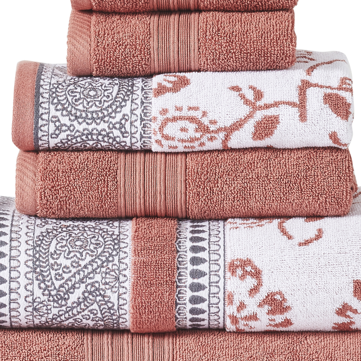 Veria 6 Piece Towel Set With Paisley And Floral Pattern The Urban Port, Peach- Saltoro Sherpi