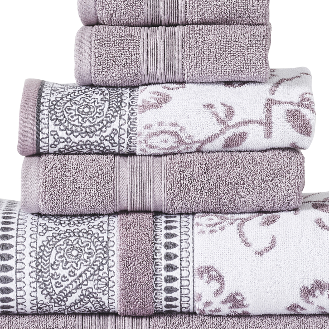 Veria 6 Piece Towel Set With Paisley And Floral Motif Pattern The Urban Port, Purple- Saltoro Sherpi