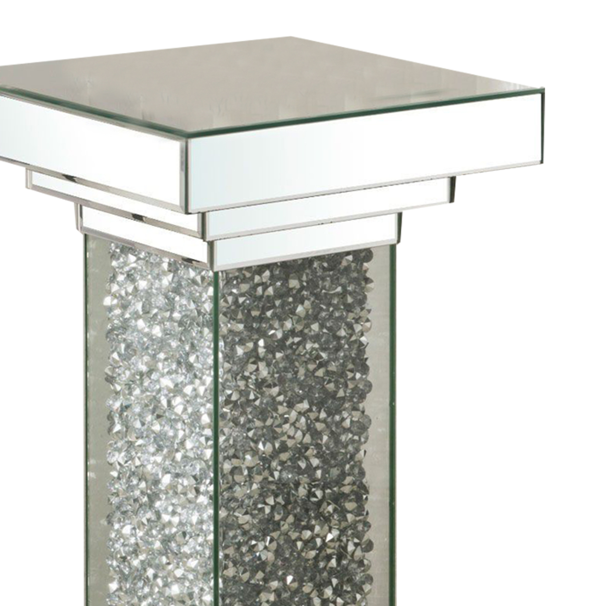 Pedestal With Mirrored Trim And Faux Diamond Accent, Silver- Saltoro Sherpi