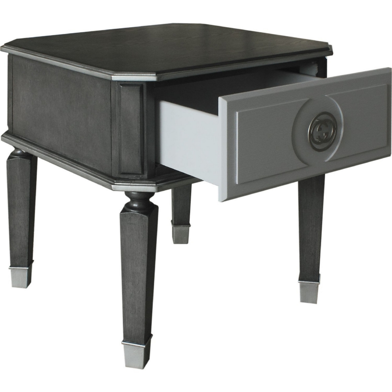 MDF End Table With 1 Drawer And Turned Tapered Legs, Gray And Silver- Saltoro Sherpi