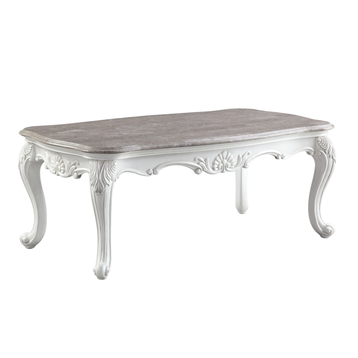 Coffee Table With Marble Top And Cabriole Legs, Antique White, Saltoro Sherpi