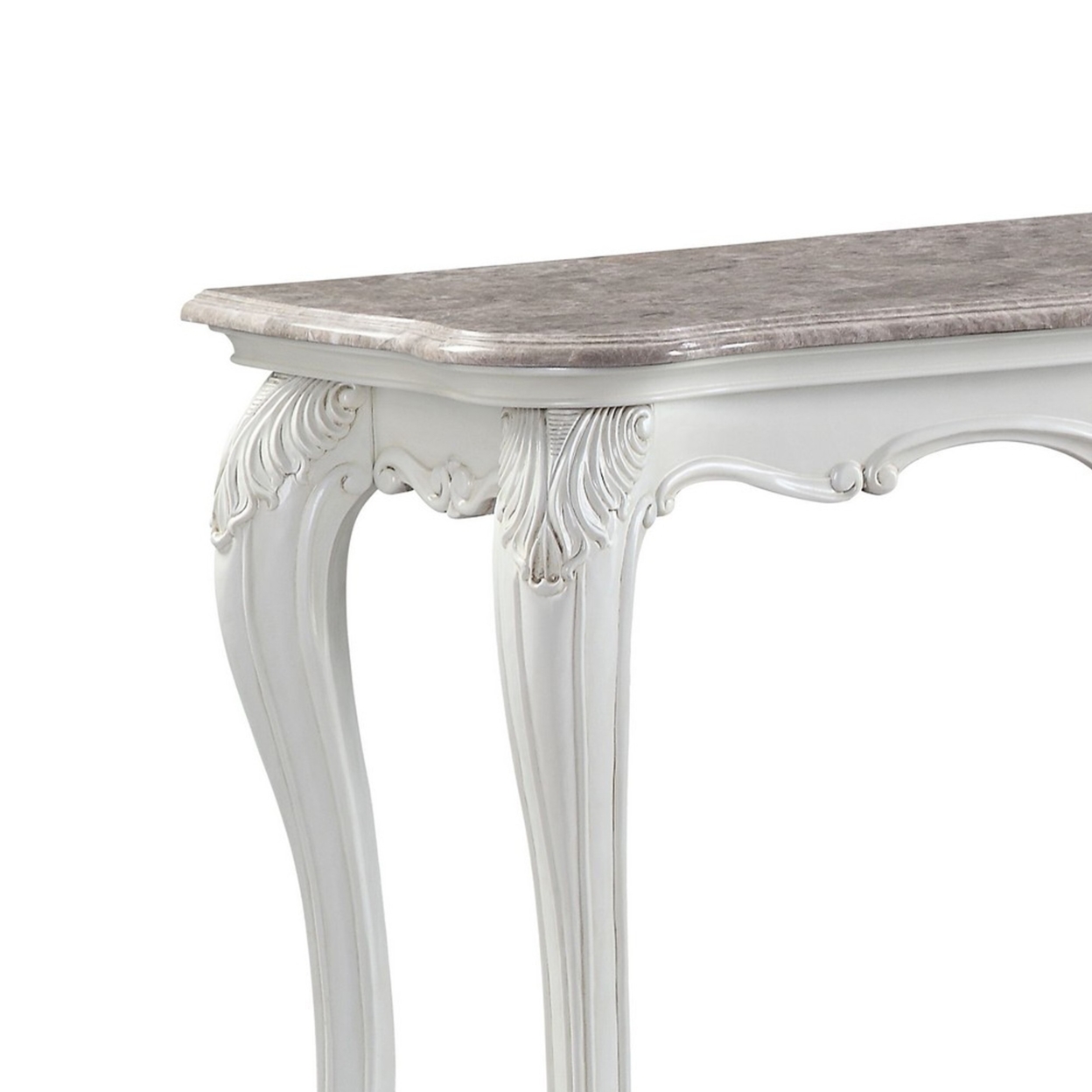 Sofa Table With Marble Top And Cabriole Legs, Antique White- Saltoro Sherpi