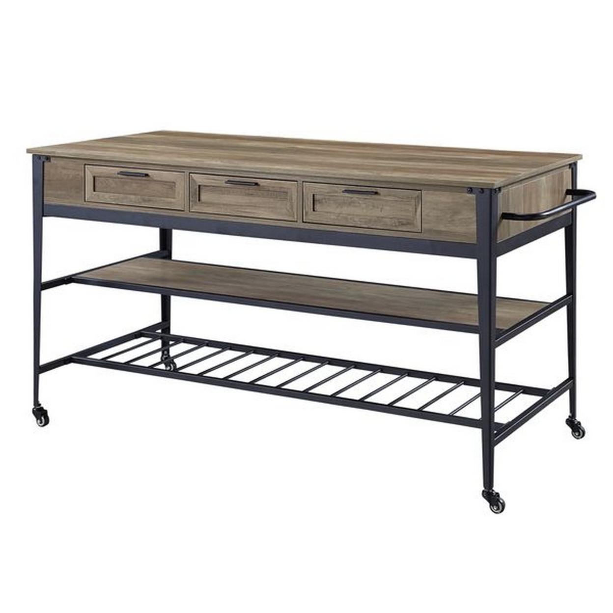 3 Tier Kitchen Island With 3 Drawers And Lockable Caster Wheels, Brown And Black- Saltoro Sherpi