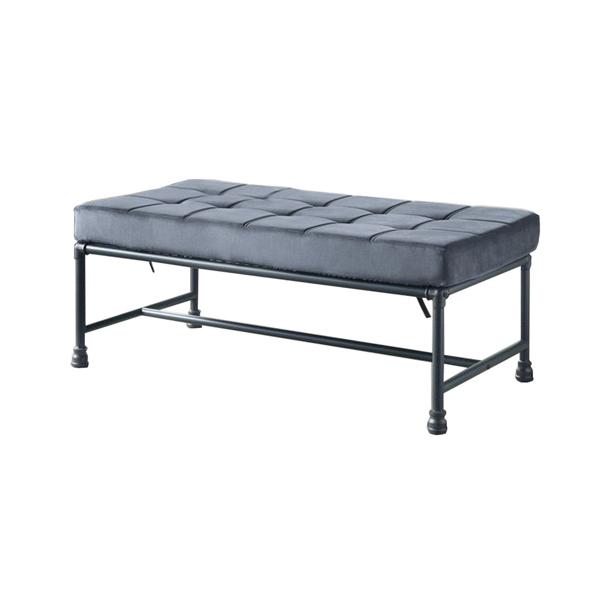 Bench With Button Tufted Seat And Pipe Style Metal Frame, Gray- Saltoro Sherpi