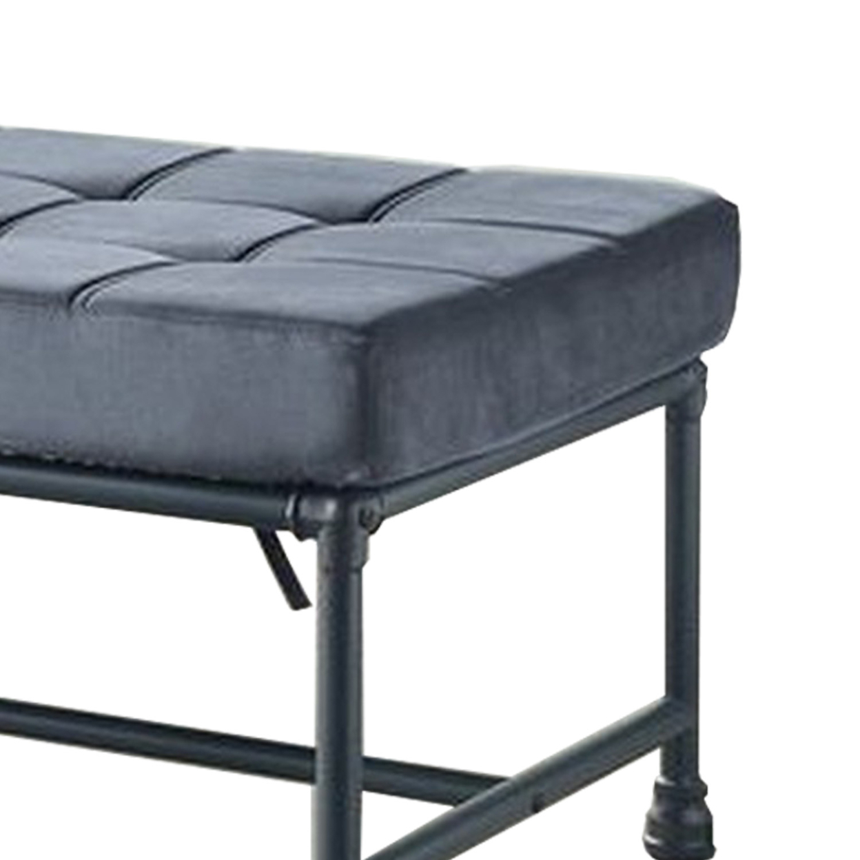 Bench With Button Tufted Seat And Pipe Style Metal Frame, Gray- Saltoro Sherpi