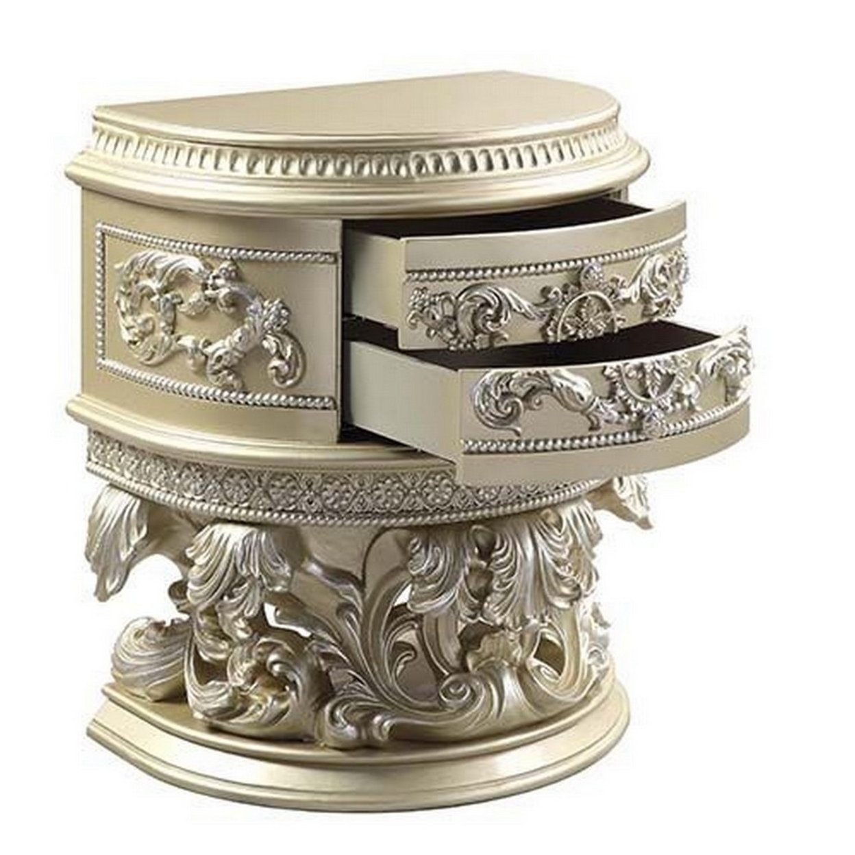 Nightstand With Scrolled Carvings And Half Moon Shape, Champagne Silver- Saltoro Sherpi