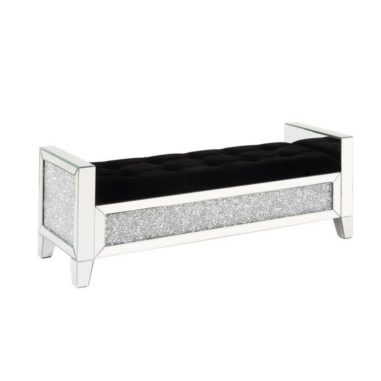 Mirrored Bench With Faux Diamonds And Button Tufted Seat, Silver- Saltoro Sherpi