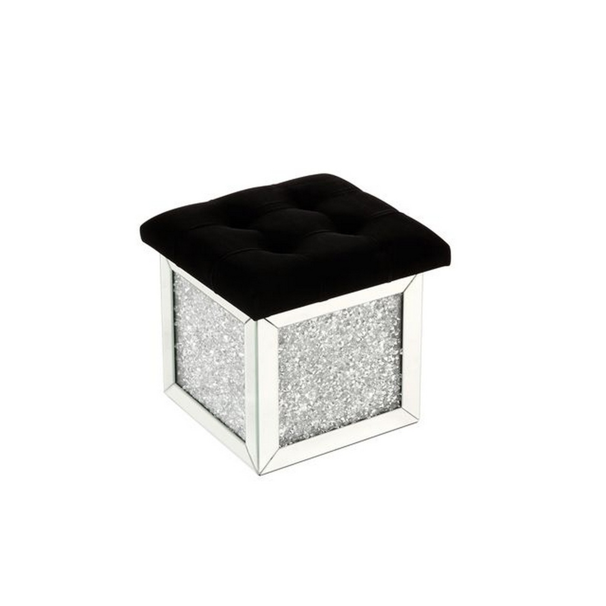 Mirrored Ottoman With Tufted Seat And Faux Diamonds, Silver- Saltoro Sherpi