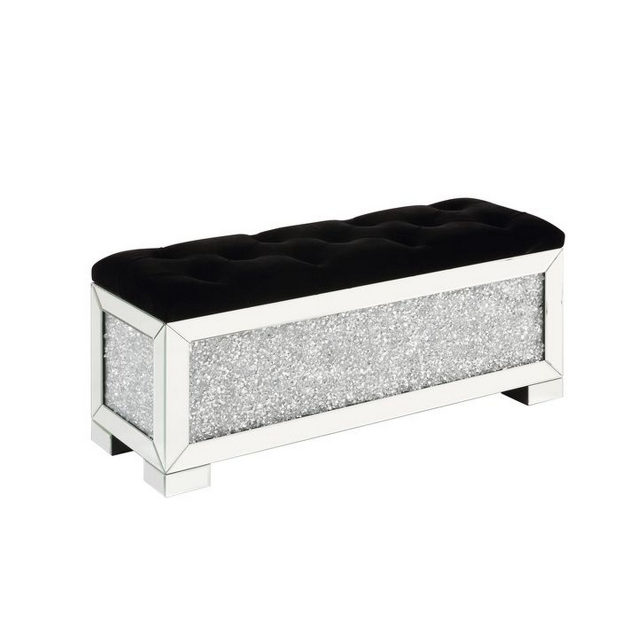 Mirrored Bench With Tufted Seat And Faux Diamonds, Silver- Saltoro Sherpi