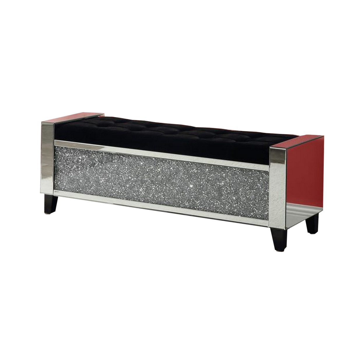 Mirrored Bench With Tufted Fabric Seat And Faux Diamonds, Silver- Saltoro Sherpi