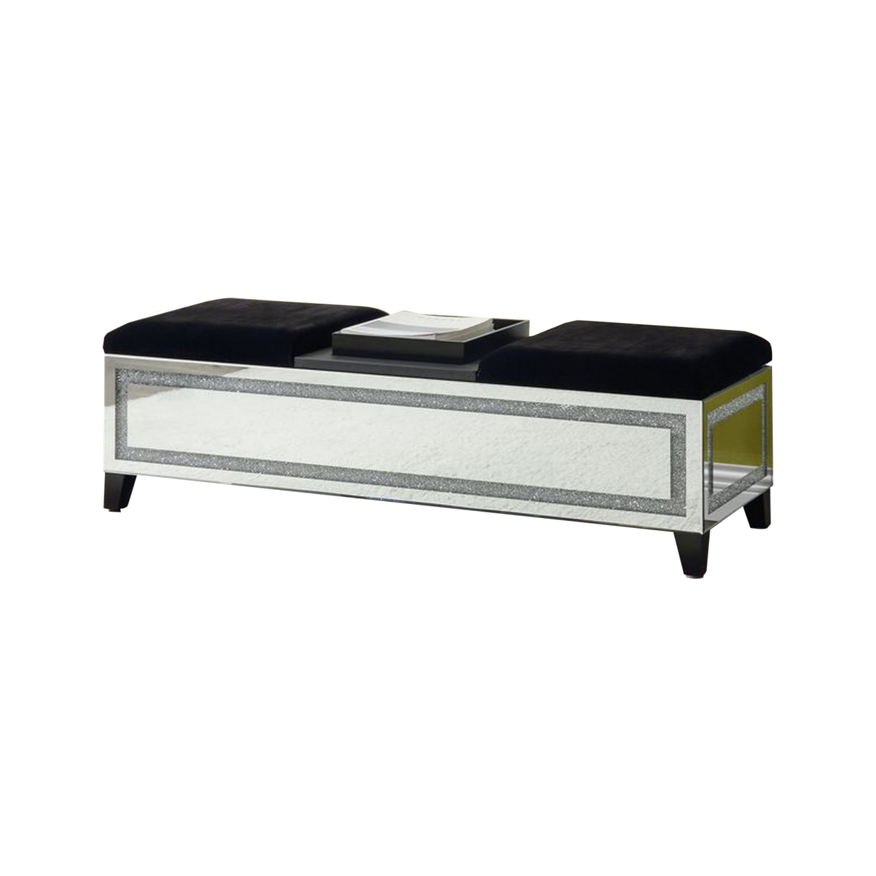 Mirrored Bench With Cushioned Seat And Center Console, Silver- Saltoro Sherpi