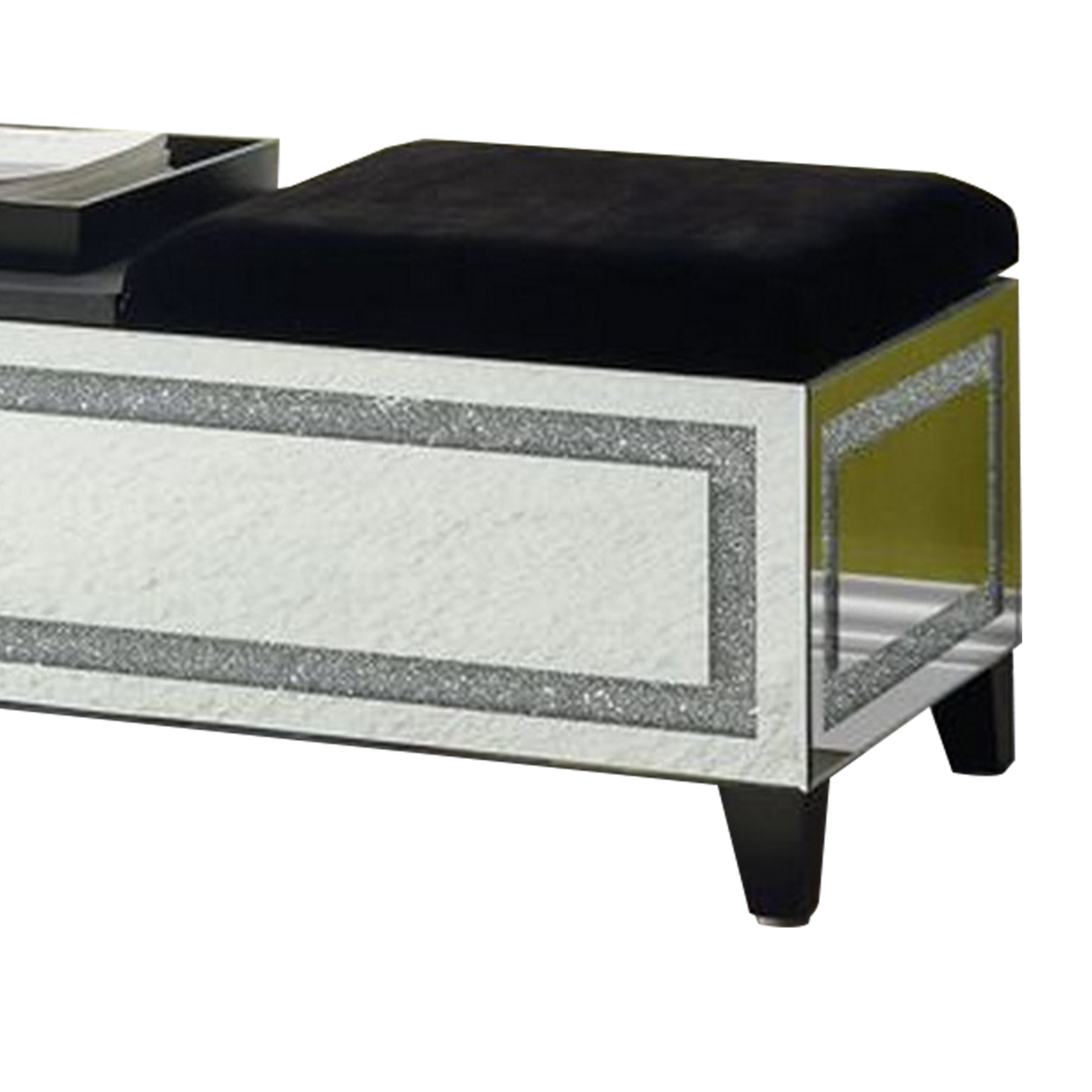 Mirrored Bench With Cushioned Seat And Center Console, Silver- Saltoro Sherpi