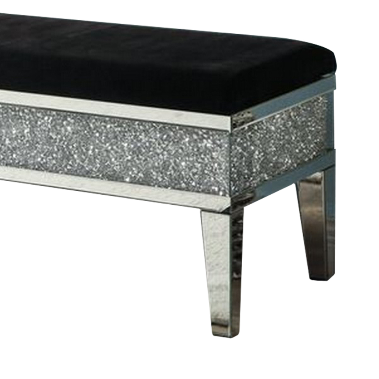 Mirrored Bench With Fabric Seat And Faux Diamonds, Silver- Saltoro Sherpi