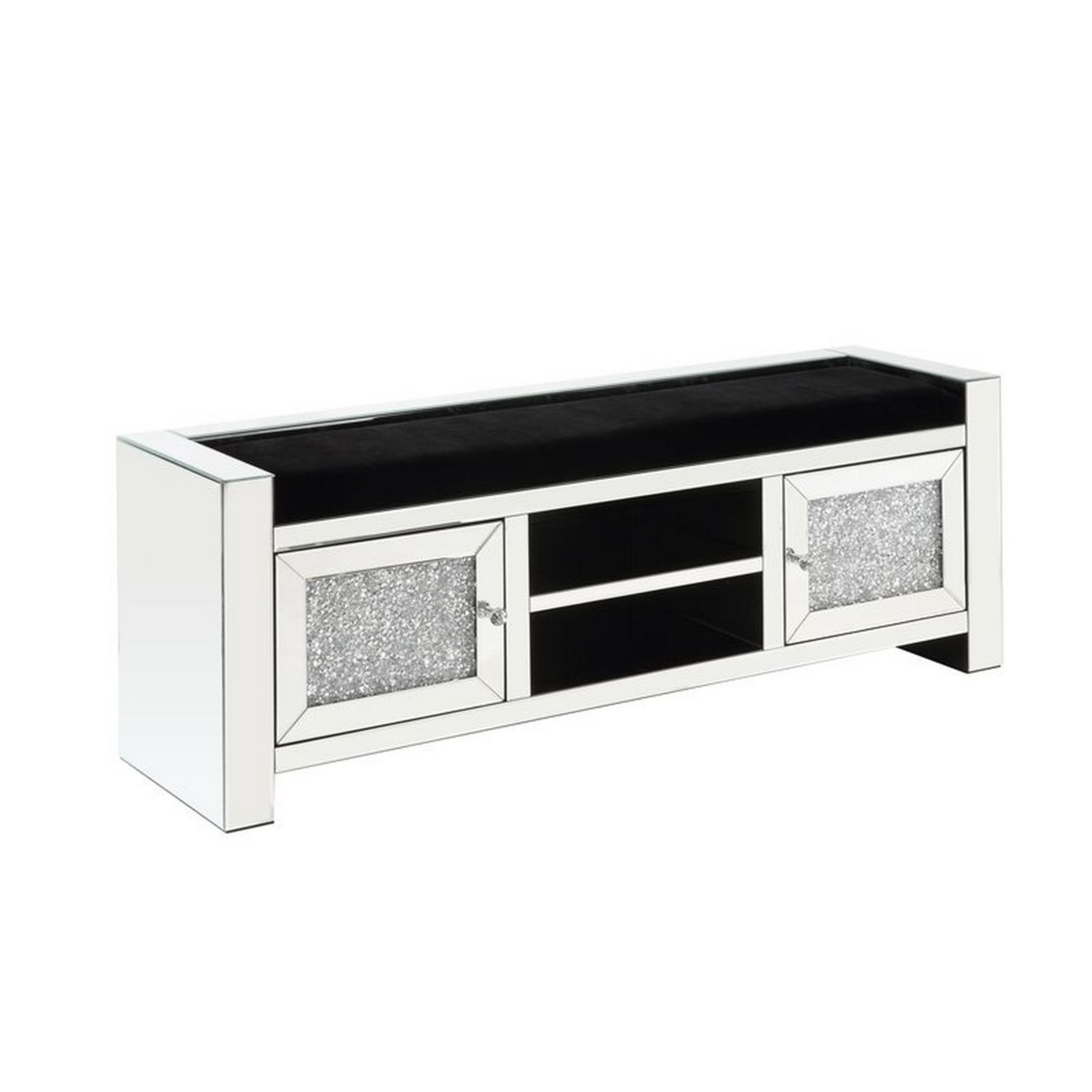 Mirrored Bench With Faux Diamonds And 2 Door Cabinets, Silver- Saltoro Sherpi