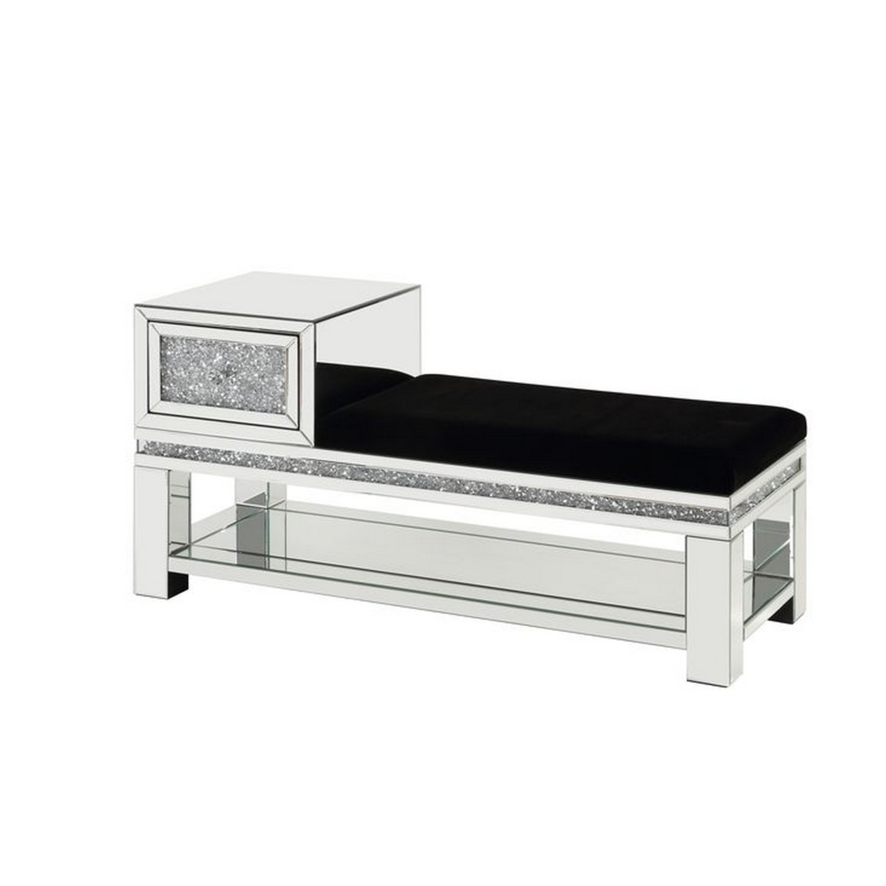 Mirrored Storage Bench With Faux Diamonds And Open Shelf, Silver- Saltoro Sherpi