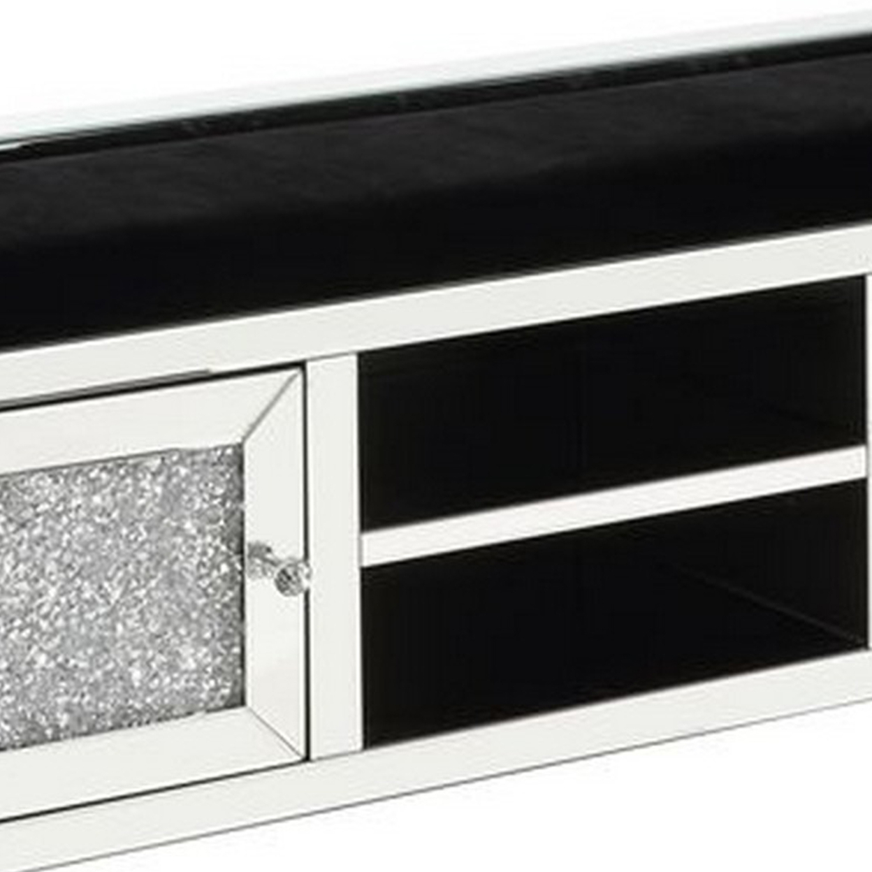 Mirrored Bench With Faux Diamonds And 2 Door Cabinets, Silver- Saltoro Sherpi