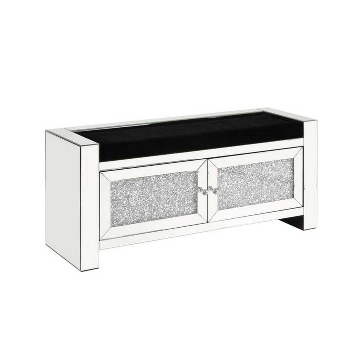 Mirrored Bench With Faux Diamonds And 2 Cabinets, Silver- Saltoro Sherpi