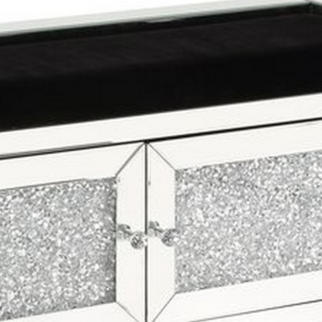 Mirrored Bench With Faux Diamonds And 2 Cabinets, Silver- Saltoro Sherpi