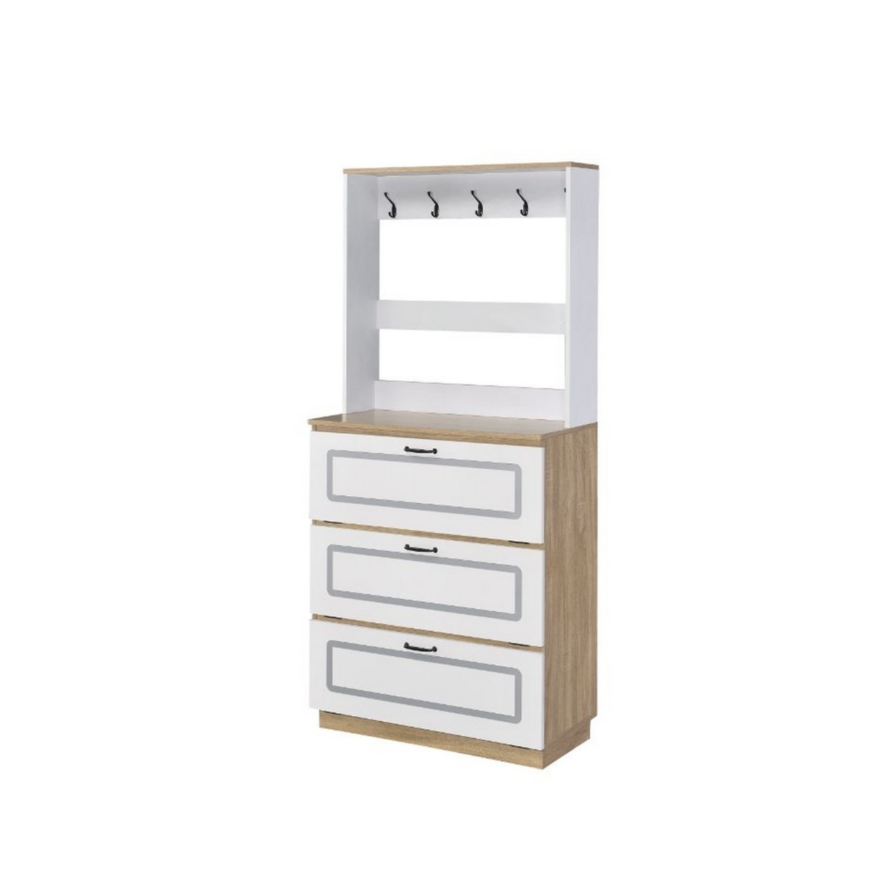 Shoe Cabinet With Storage Drawers And Hooks, White And Brown- Saltoro Sherpi