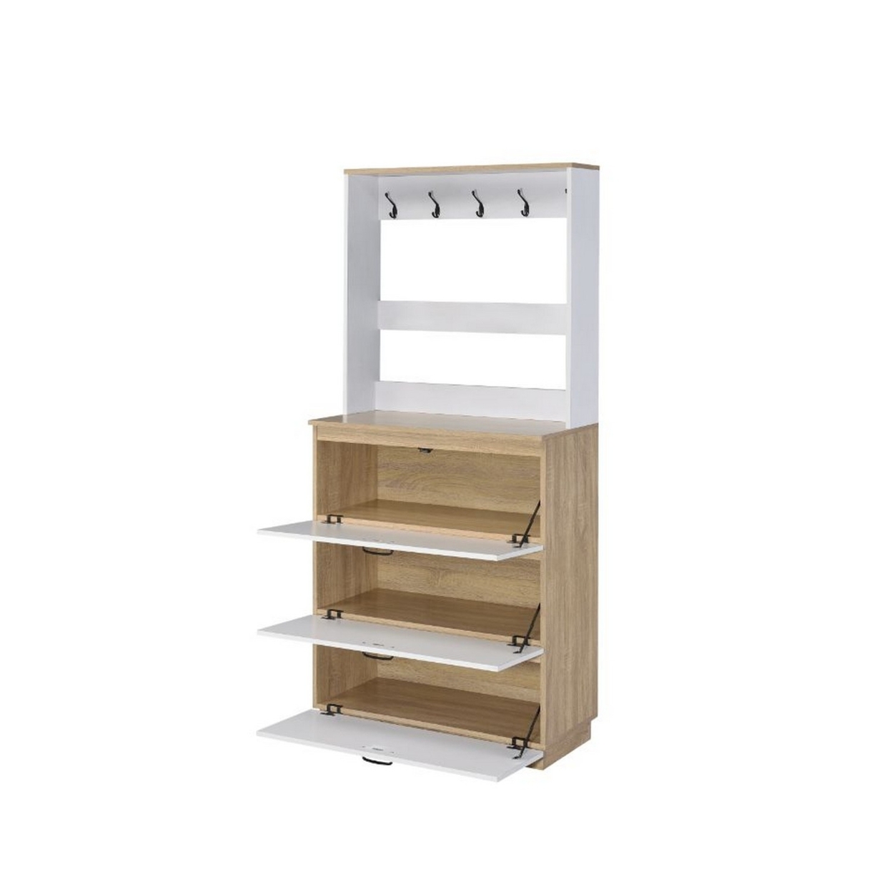 Shoe Cabinet With Storage Drawers And Hooks, White And Brown- Saltoro Sherpi