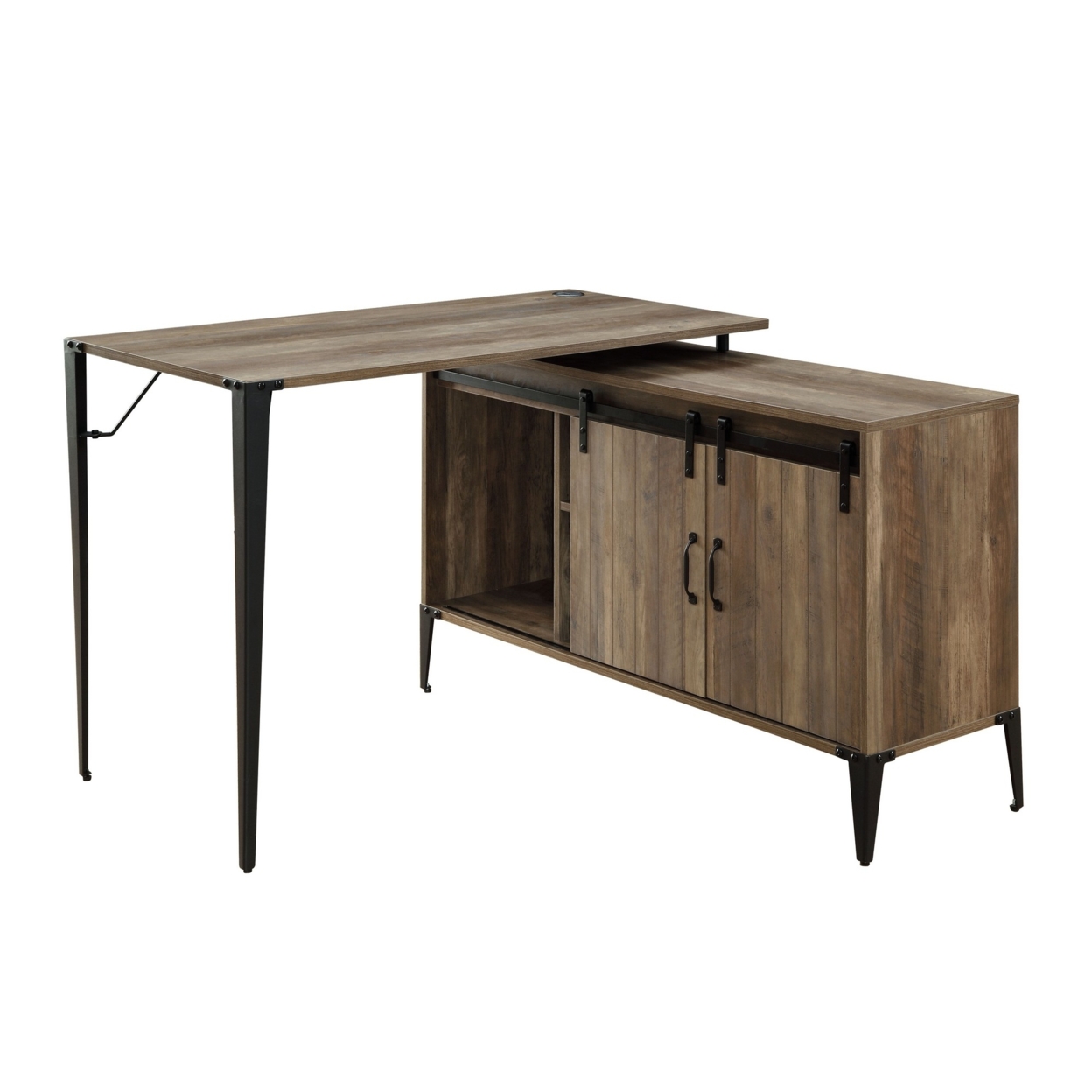 Writing Desk With L Shaped Tabletop And Sliding Barn Door, Brown And Black- Saltoro Sherpi