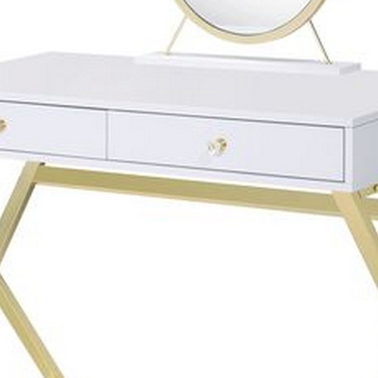 Vanity Desk With Removable Mirror And Cross Metal Legs, White And Gold- Saltoro Sherpi