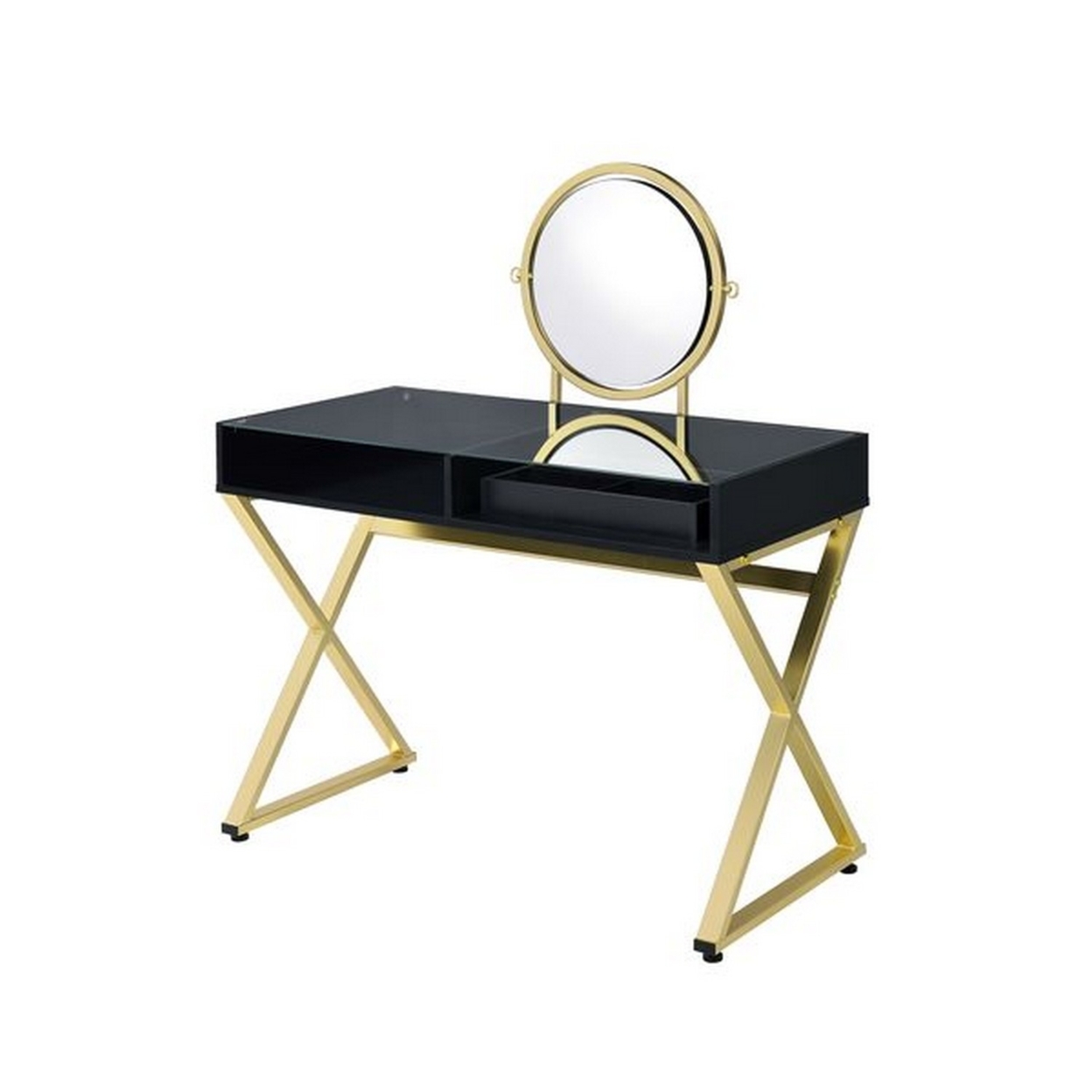 Vanity Desk With Round Mirror And Cross Metal Legs, Black And Gold- Saltoro Sherpi
